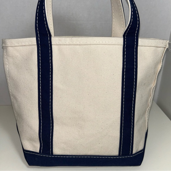 L.L. Bean Boat and Tote Beige Navy Blue Canvas Small Bag Stiff Handles - Picture 4 of 14